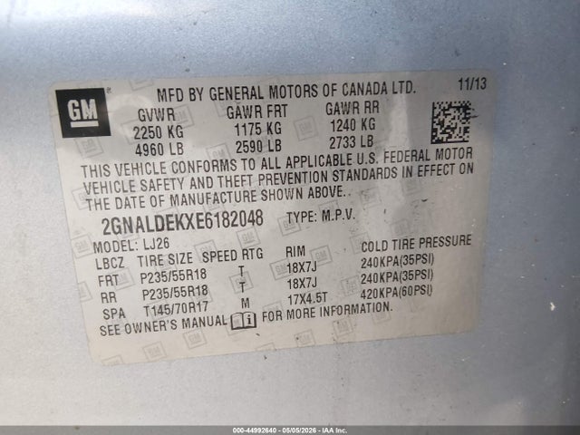 44992640 :رقم المزاد ، 2GNALDEKXE6182048 vin ، 2014 Chevrolet Equinox Ltz مزاد بيع