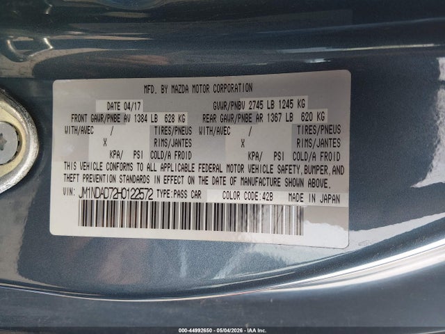 2017 Mazda Mx-5 Miata Grand Touring მანქანა იყიდება აუქციონზე, vin: JM1NDAD72H0122572, აუქციონის ნომერი: 44992650