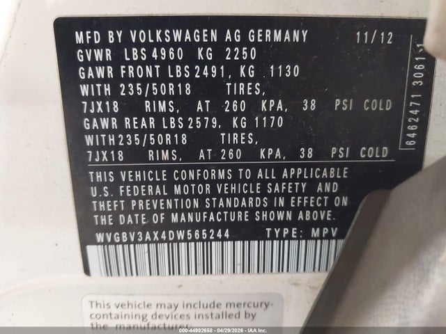 44992658 :رقم المزاد ، WVGBV3AX4DW565244 vin ، 2013 Volkswagen Tiguan Se مزاد بيع