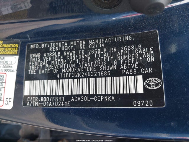 2004 Toyota Camry Le მანქანა იყიდება აუქციონზე, vin: 4T1BE32K24U321686, აუქციონის ნომერი: 44992657