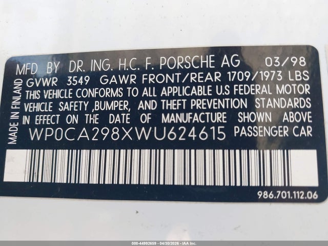 44992659 :رقم المزاد ، WP0CA298XWU624615 vin ، 1998 Porsche Boxster مزاد بيع