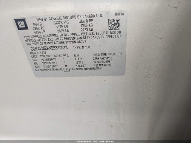 44992662 :رقم المزاد ، 2GKALMEKXE6310513 vin ، 2014 Gmc Terrain Sle-1 مزاد بيع
