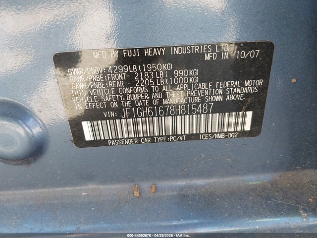 Aukcja sprzedaży 2008 Subaru Impreza 2.5i, vin: JF1GH61678H815487, numer aukcji: 44992670