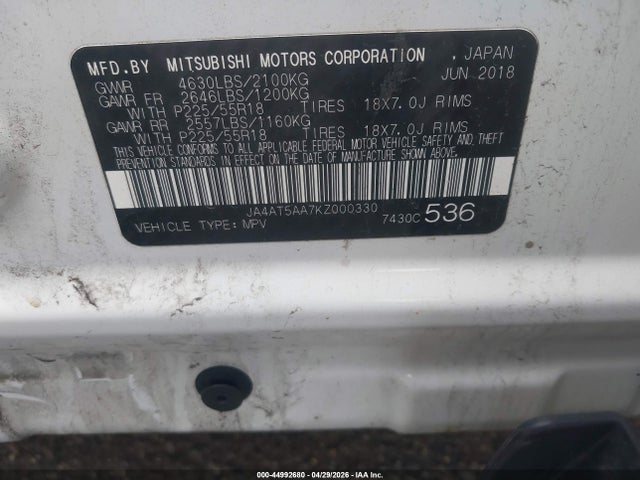 44992680 :رقم المزاد ، JA4AT5AA7KZ000330 vin ، 2019 Mitsubishi Eclipse Cross Sel مزاد بيع