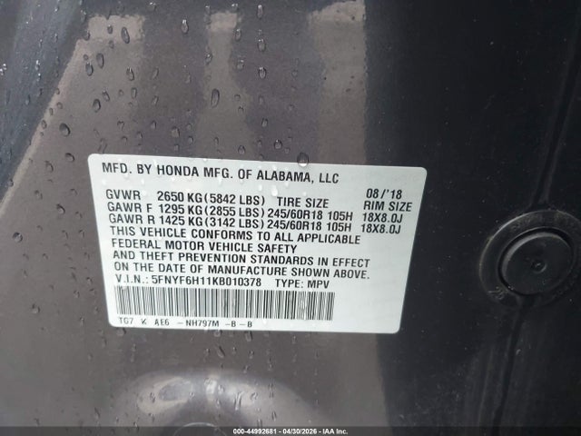 5FNYF6H11KB010378 Honda PILOT LX