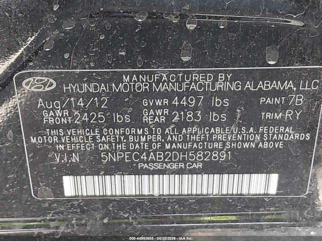 2013 Hyundai Sonata Se 2.0t მანქანა იყიდება აუქციონზე, vin: 5NPEC4AB2DH582891, აუქციონის ნომერი: 44992685