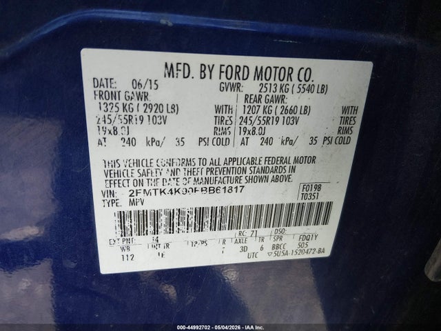2015 Ford Edge Titanium მანქანა იყიდება აუქციონზე, vin: 2FMTK4K90FBB61817, აუქციონის ნომერი: 44992702