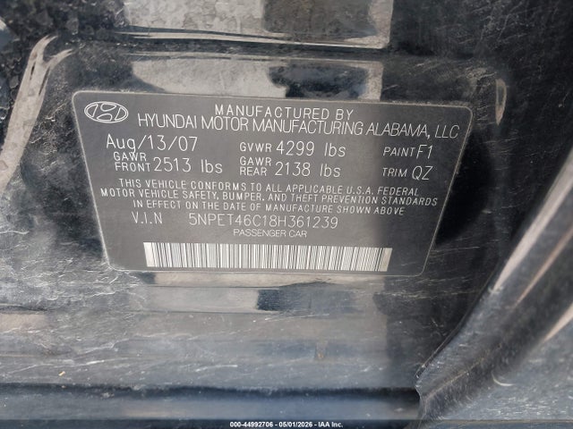 2008 Hyundai Sonata Gls მანქანა იყიდება აუქციონზე, vin: 5NPET46C18H361239, აუქციონის ნომერი: 44992706