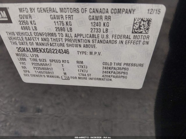 Продаж на аукціоні авто 2016 Gmc Terrain Sle-1, vin: 2GKALMEKXG6224346, номер лоту: 44992713