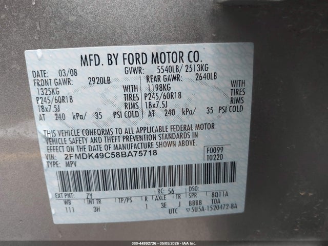 44992726 :رقم المزاد ، 2FMDK49C58BA75718 vin ، 2008 Ford Edge Limited مزاد بيع