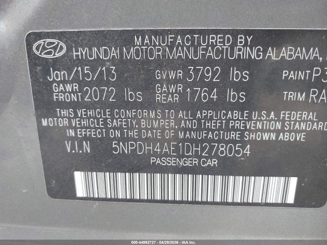 Aukcja sprzedaży 2013 Hyundai Elantra Gls, vin: 5NPDH4AE1DH278054, numer aukcji: 44992727
