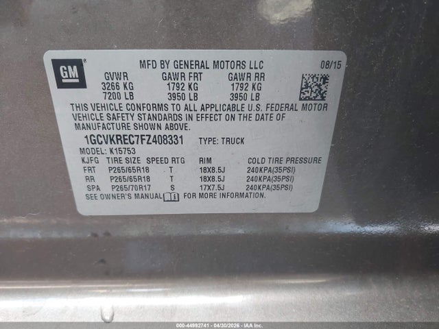 Продаж на аукціоні авто 2015 Chevrolet Silverado 1500 1lt, vin: 1GCVKREC7FZ408331, номер лоту: 44992741