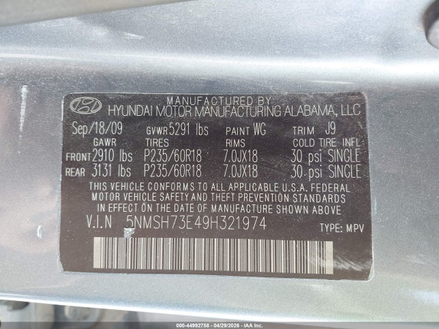 Продаж на аукціоні авто 2009 Hyundai Santa Fe Limited, vin: 5NMSH73E49H321974, номер лоту: 44992758
