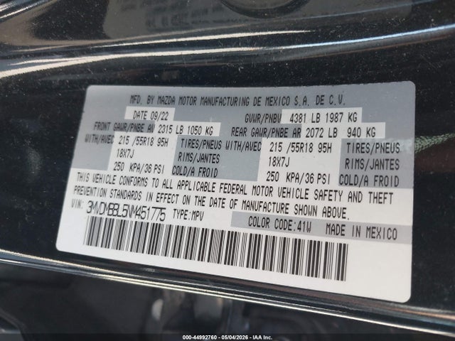 44992760 :رقم المزاد ، 3MVDMBBL5NM451775 vin ، 2022 Mazda Cx-30 Select مزاد بيع