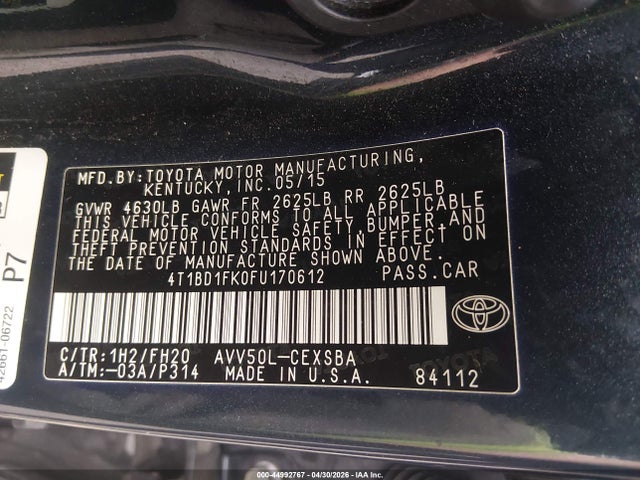 Продаж на аукціоні авто 2015 Toyota Camry Hybrid Se, vin: 4T1BD1FK0FU170612, номер лоту: 44992767