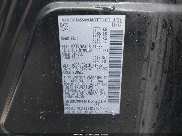 Aukcja sprzedaży 2018 Nissan Pathfinder S, vin: 5N1DR2MM4JC626064, numer aukcji: 44992775