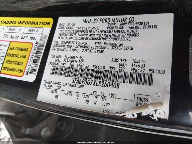 44992776 :رقم المزاد ، 3FA6P0G7XLR260408 vin ، 2020 Ford Fusion S مزاد بيع