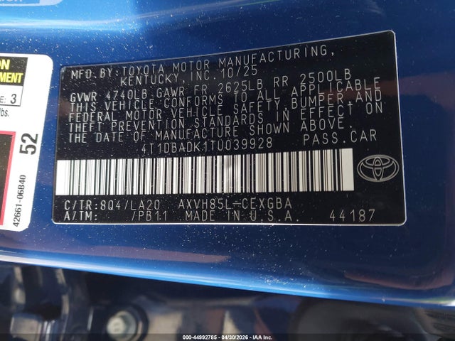 2026 Toyota Camry Xle მანქანა იყიდება აუქციონზე, vin: 4T1DBADK1TU039928, აუქციონის ნომერი: 44992785