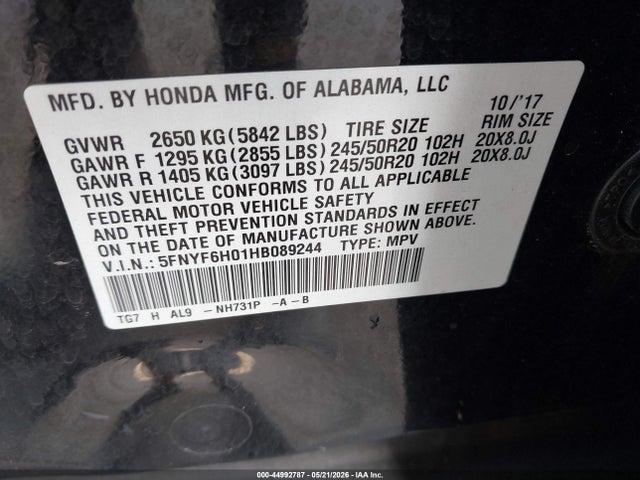 Продажа на аукционе авто 2017 Honda Pilot Elite, vin: 5FNYF6H01HB089244, номер лота: 44992787