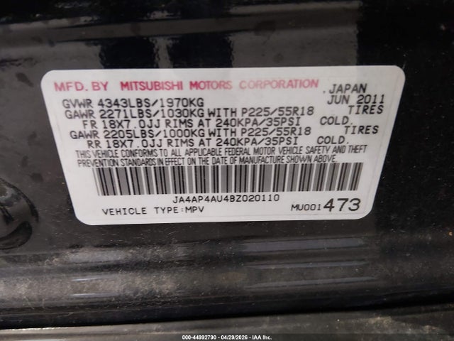 Aukcja sprzedaży 2011 Mitsubishi Outlander Sport Se, vin: JA4AP4AU4BZ020110, numer aukcji: 44992790