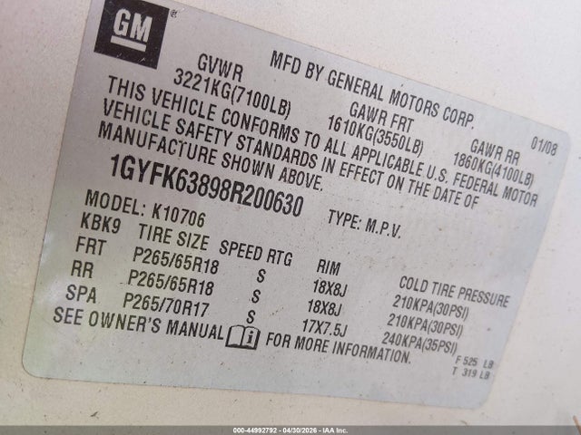 Продажа на аукционе авто 2008 Cadillac Escalade Standard, vin: 1GYFK63898R200630, номер лота: 44992792