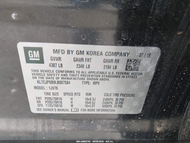 44992793 :رقم المزاد ، KL7CJPSB9LB007584 vin ، 2020 Chevrolet Trax Awd Lt مزاد بيع