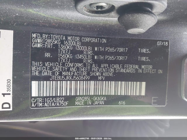 2018 Toyota 4runner Sr5 Premium მანქანა იყიდება აუქციონზე, vin: JTEBU5JRXJ5608499, აუქციონის ნომერი: 44992795