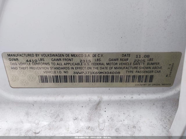 2009 Volkswagen Jetta 2.0t Sel მანქანა იყიდება აუქციონზე, vin: 3VWPJ71K69M304008, აუქციონის ნომერი: 44992798