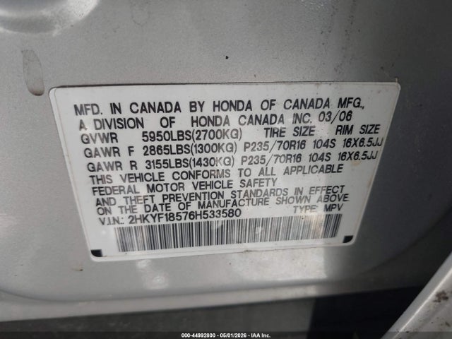 Продажа на аукционе авто 2006 Honda Pilot Ex-l, vin: 2HKYF18576H533580, номер лота: 44992800