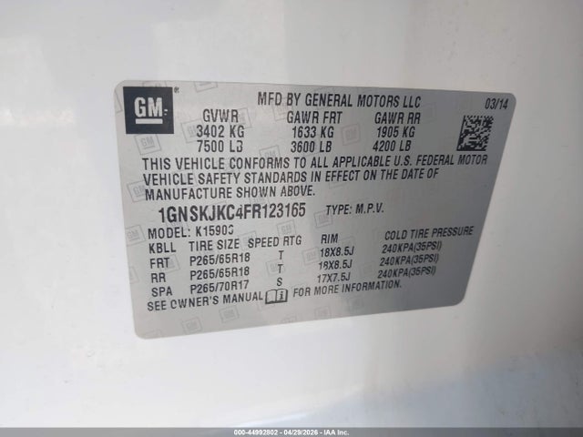 Продажа на аукционе авто 2015 Chevrolet Suburban 1500 Lt, vin: 1GNSKJKC4FR123165, номер лота: 44992802