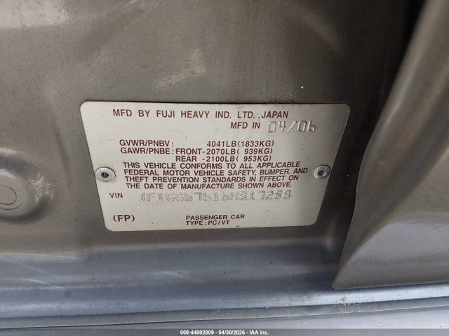 Aukcja sprzedaży 2006 Subaru Impreza 2.5i, vin: JF1GG67616H817288, numer aukcji: 44992809