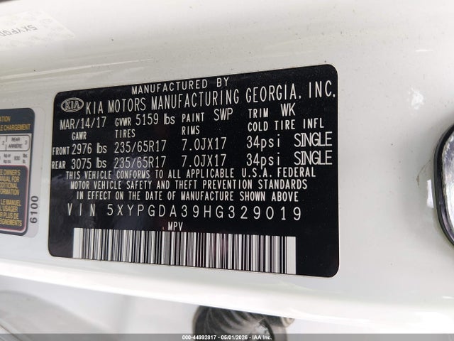 2017 Kia Sorento 2.4l Lx მანქანა იყიდება აუქციონზე, vin: 5XYPGDA39HG329019, აუქციონის ნომერი: 44992817