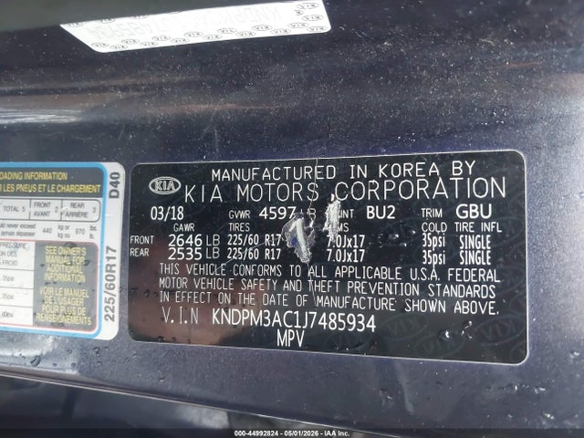 Aukcja sprzedaży 2018 Kia Sportage Lx, vin: KNDPM3AC1J7485934, numer aukcji: 44992824