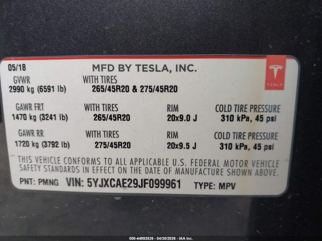 Продажа на аукционе авто 2018 Tesla Model X 100d/75d/p100d, vin: 5YJXCAE29JF099961, номер лота: 44992826