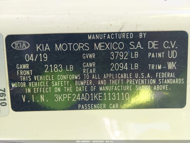 44992851 :رقم المزاد ، 3KPF24AD1KE113110 vin ، 2019 Kia Forte Lxs مزاد بيع