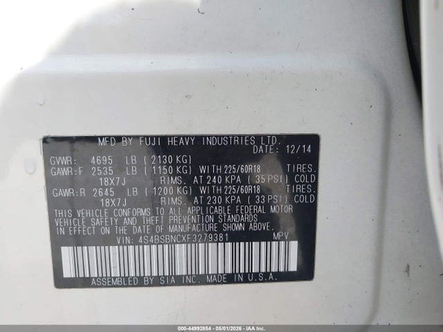 Aukcja sprzedaży 2015 Subaru Outback 2.5i Limited, vin: 4S4BSBNCXF3279381, numer aukcji: 44992854