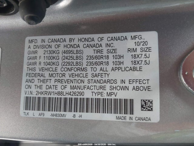 Продаж на аукціоні авто 2020 Honda Cr-v 2wd Ex-l, vin: 2HKRW1H88LH426290, номер лоту: 44992859