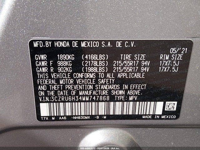 Продажа на аукционе авто 2021 Honda Hr-v Awd Lx, vin: 3CZRU6H34MM747868, номер лота: 44992872