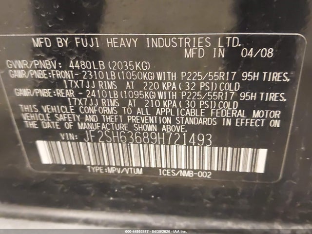 Aukcja sprzedaży 2009 Subaru Forester 2.5x, vin: JF2SH63689H721493, numer aukcji: 44992877