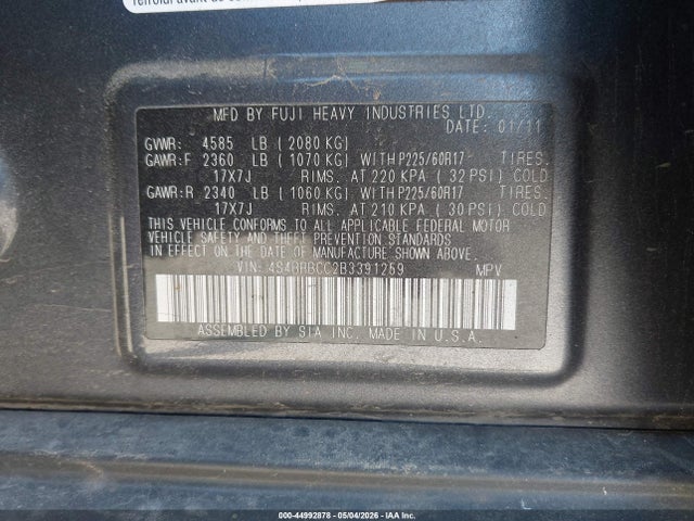 44992878 :رقم المزاد ، 4S4BRBCC2B3391259 vin ، 2011 Subaru Outback 2.5i Premium مزاد بيع