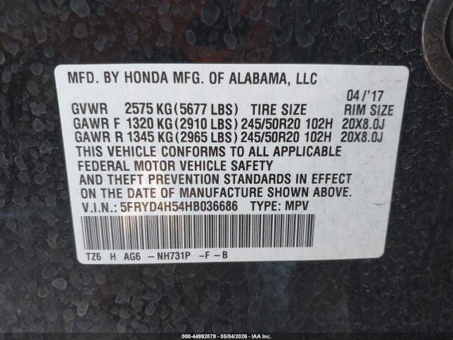 Aukcja sprzedaży 2017 Acura Mdx Technology Package, vin: 5FRYD4H54HB036686, numer aukcji: 44992879