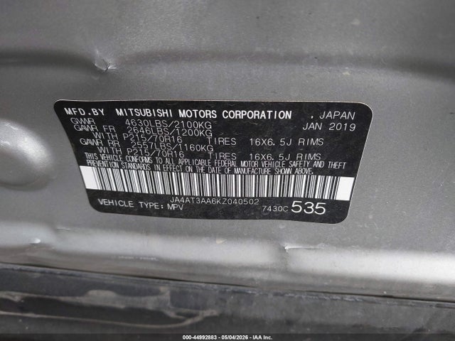 2019 Mitsubishi Eclipse Cross Es მანქანა იყიდება აუქციონზე, vin: JA4AT3AA6KZ040502, აუქციონის ნომერი: 44992883