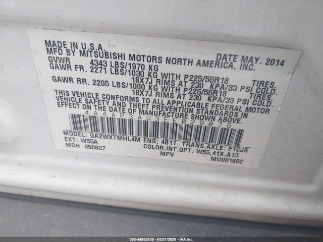 44992888 :رقم المزاد ، 4A4AP3AU3EE029076 vin ، 2014 Mitsubishi Outlander Sport Es مزاد بيع