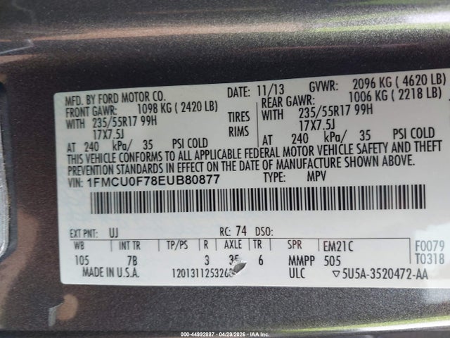Aukcja sprzedaży 2014 Ford Escape S, vin: 1FMCU0F78EUB80877, numer aukcji: 44992887