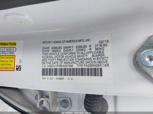 Aukcja sprzedaży 2019 Honda Accord Ex-l, vin: 1HGCV1F55KA057445, numer aukcji: 44992891