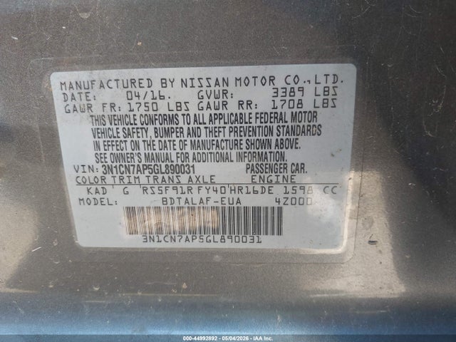2016 Nissan Versa 1.6 S მანქანა იყიდება აუქციონზე, vin: 3N1CN7AP5GL890031, აუქციონის ნომერი: 44992892