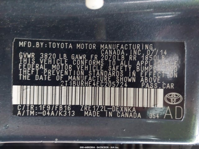 Aukcja sprzedaży 2014 Toyota Corolla Le, vin: 2T1BURHE4EC205724, numer aukcji: 44992904