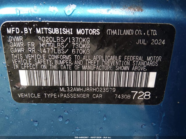 Aukcja sprzedaży 2024 Mitsubishi Mirage Se, vin: ML32AWHJ8RH023579, numer aukcji: 44992907