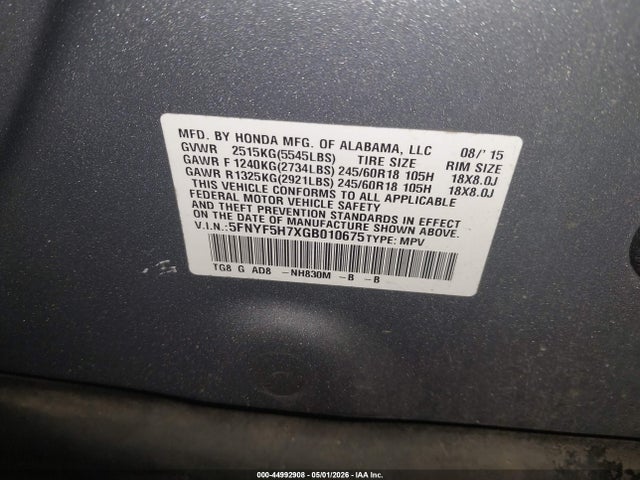 Продаж на аукціоні авто 2016 Honda Pilot Ex-l, vin: 5FNYF5H7XGB010675, номер лоту: 44992908