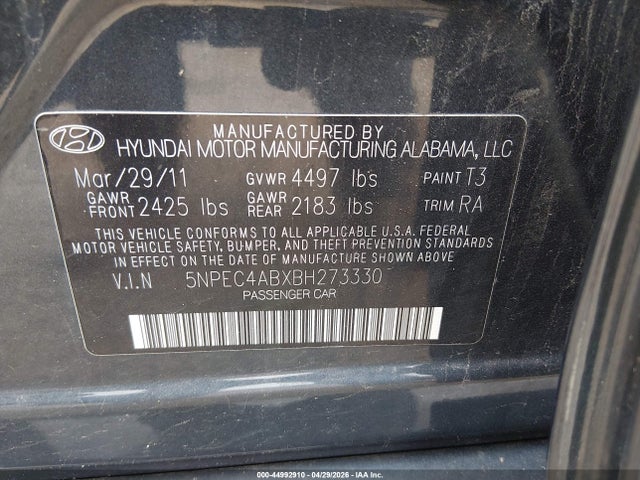 Продажа на аукционе авто 2011 Hyundai Sonata Se 2.0t, vin: 5NPEC4ABXBH273330, номер лота: 44992910